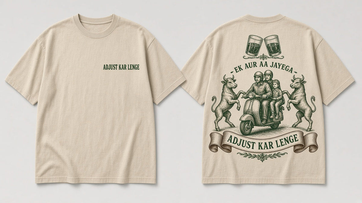 Adjust Kar Lenge Hinglish t-shirt design by Matchbox Society, beige, front and back print
