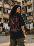 Log Kya Kahenge Society oversized tee in washed black, back print shown on model - Matchbox Society Drop 01