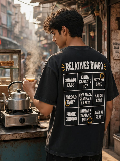 Beta Aage Ka Kya Plan Hai oversized tee in washed black, back print shown on model - Matchbox Society Drop 01