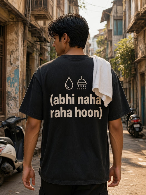 5 Minute Mein Aa Raha Hoon oversized tee in washed black, back print shown on model - Matchbox Society Drop 01