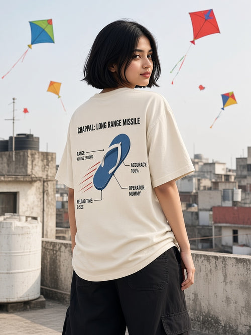 Chappal: Long Range Missile oversized tee in off-white, back print shown on model - Matchbox Society Drop 01