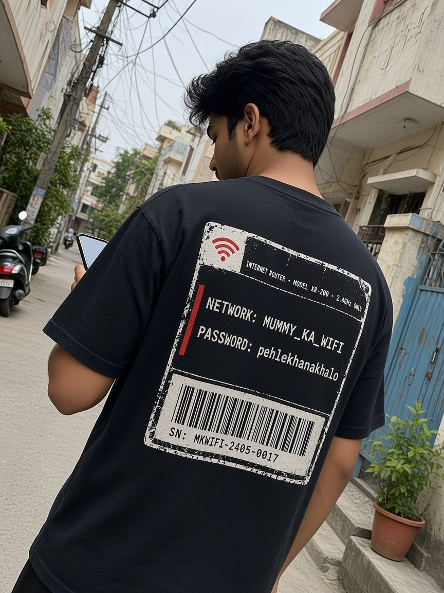 Mummy Ka WiFi Password oversized tee in black, back print shown on model - Matchbox Society Drop 01