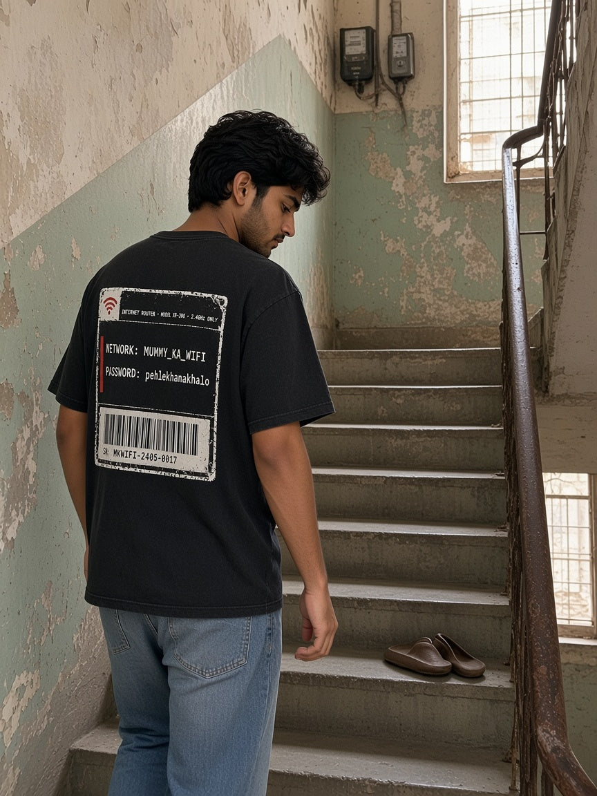 Mummy Ka WiFi Password oversized tee in black, back print shown on model, alternate view - Matchbox Society Drop 01