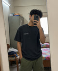 Mummy Ka WiFi Password oversized tee in black, front print shown on model - Matchbox Society Drop 01